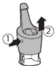 Diagram of a mechanical device with numbered parts and directional arrows indicating motion or force