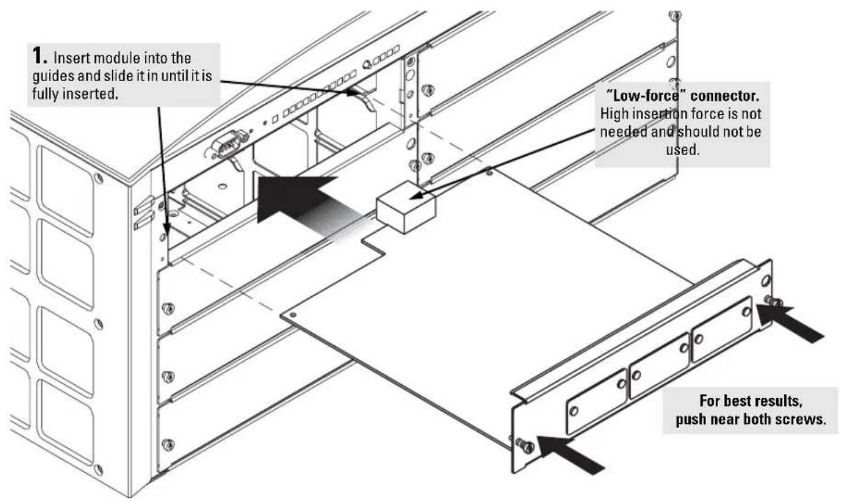 1. Insert module into the guides and slide it in until it is fully inserted. "Low-force" connector. High insertion force is not needed and should not be used. For best results, push near both screws.