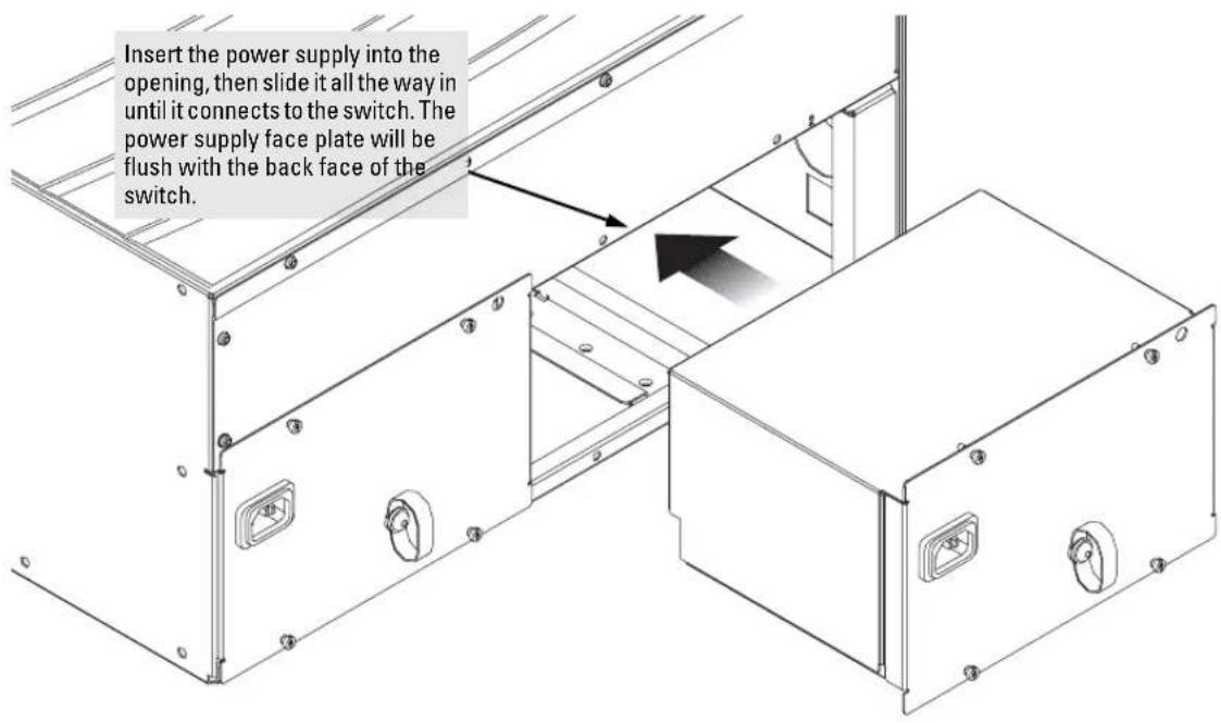 Insert the power supply into the opening, then slide it all the way in until it connects to the switch. The power supply face plate will be flush with the back face of the switch.