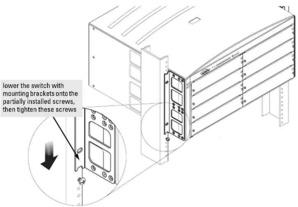 lower the switch with mounting brackets onto the partially installed screws, then tighten these screws