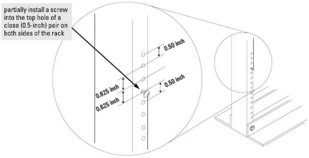 partially install a screw into the top hole of a close (0.5-inch) pair on both sides of the rack 0.50 inch 0.625 inch 0.625 inch 0.50 inch