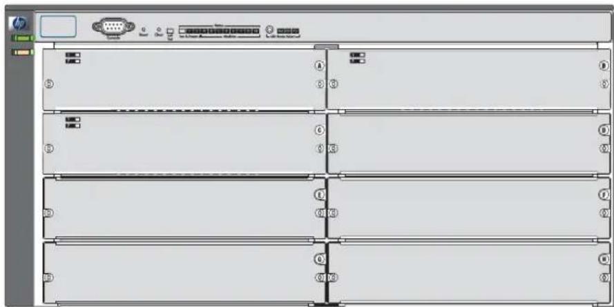 Diagram of a server rack with labeled ports and connectors, showing front panel layout and internal structure.
