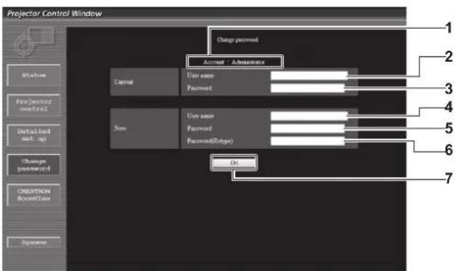 Projector Control Window Status Projector control Detailed net up Change password CRESTROM Restoration Apache Charge password Account - Administrator User name Password New User name Password Password(Orange) On 1 2 3 4 5 6 7