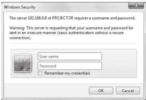 Windows Security The server 192.168.0.8 at PROJECTOR requires a username and password. Warning: This server is requesting that your username and password be sent in an insecure manner (basic authentication without a secure connection). User name Password Remember my credentials OK Cancel