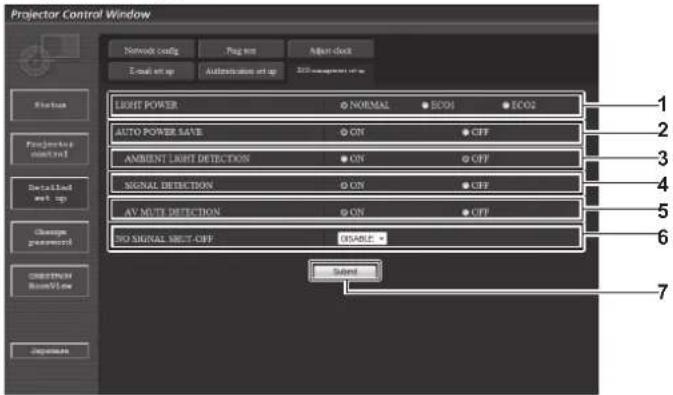 Projector Control Window Network config Plug port Reset clock E-mail set up Automatic input set up ACI management team Light Power ● NORMAL ● ECO1 ● ECO2 AUTO POWER SAVE ● ON ● OFF AMBIENT LIGHT DETECTION ● ON ● OFF SIGNAL DETECTION ● ON ● OFF AV MUTE DETECTION ● ON ● OFF DIO SIGNAL RESET-COFF ● DISABLE * Send 1 2 3 4 5 6 7