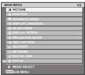 MAIN MENU 1/2 PICTURE POSITION ADVANCED MENU DISPLAY LANGUAGE 3D SETTINGS DISPLAY OPTION PROJECTOR SETUP TEST PATTERN SECURITY NETWORK DIGITAL LINK FOCUS MENU SELECT OVERSUB MENU