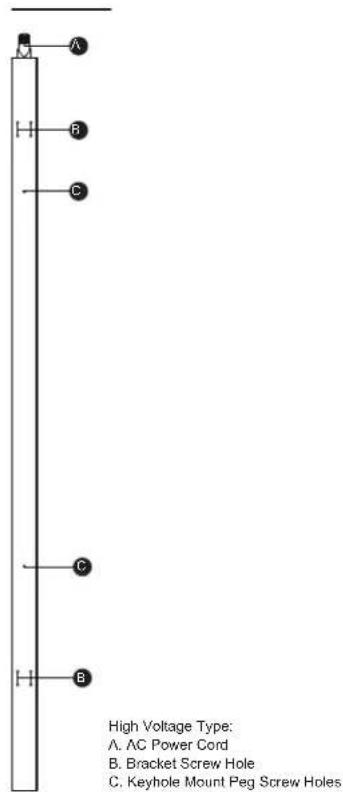 High Voltage Type: A. AC Power Cord B. Bracket Screw Hole C. Keyhole Mount Peg Screw Holes