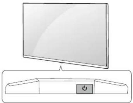Illustration of a flat-screen TV with a power button on a side panel (no text or symbols)