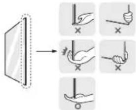 Diagram illustrating a hand gesture with labeled correct and incorrect states, showing correct and incorrect states with X marks.