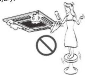 Illustration showing a woman standing on a stool with a prohibition symbol, next to a tray with a child and a fan above it.
