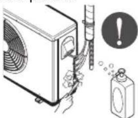 Diagram illustrating a process of cleaning an air conditioner unit with a warning symbol and product bottle nearby