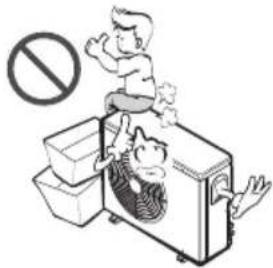 Illustration showing a child standing on a machine with a prohibition symbol, next to a person holding a fan inside a washing machine.
