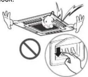 Safety warning illustration showing a child on a device with a prohibition symbol below