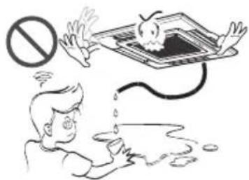 Safety warning illustration showing a person reacting to a device with a 'no sign' symbol above, while another person is falling into the air.