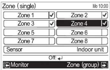 Zone ( single) Mo 10:00 Zone 1 ✓ Zone 2 ✓ Zone 3 ✓ Zone 4 ✓ Zone 5 | Zone 6 | Zone 7 | Zone 8 | Sensor Indoor unit Off: Monitor Zone (group)