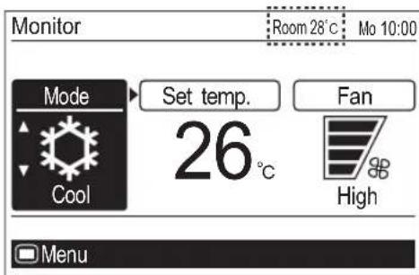 Monitor Room 28°C Mo 10:00 Mode Set temp. Fan Cool 26°C High Menu