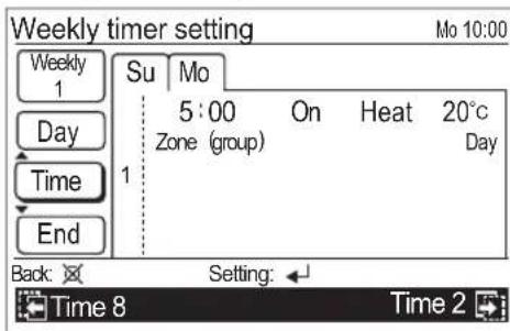 Weekly timer setting Mo 10:00 Weekly 1 Su Mo 5:00 On Heat 20°C Day Zone (group) Day Time 1 End Back: Setting: Time 8 Time 2
