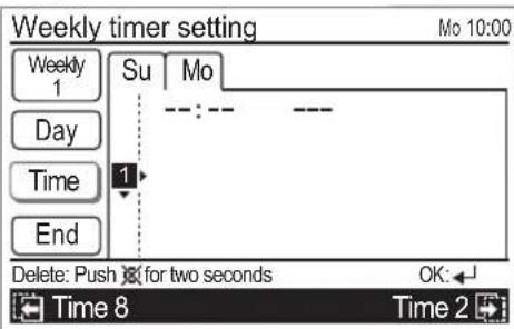 Weekly timer setting Mo 10:00 Weekly 1 Su Mo Day Time End 1 Delete: Push for two seconds OK: Time 8 Time 2