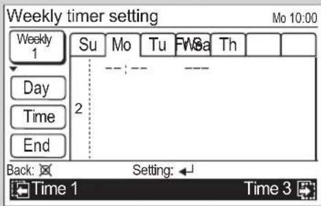 Weekly timer setting Mo 10:00 Weekly 1 Su Mo Tu F Wa Th Day 2 ---: --- --- Time End Back: Setting: Time 1 Time 3