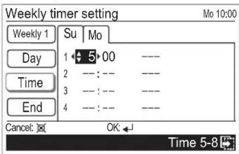 Weekly timer setting Mo 10:00 Weekly 1 Su | Mo Day 1 ◀ 5 ▶ 00 ---- 2 -- : -- ---- Time 3 -- : -- ---- 4 -- : -- ---- End Cancel: OK: Time 5-8