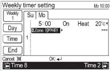 Weekly timer setting Mo 10:00 Su Mo 5:00 On Heat 20°C Zone (group) 1 Cancel: OK: Time 8 Time 2