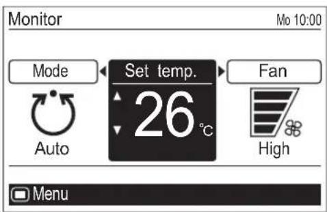 Monitor Mo 10:00 Mode Set temp. 26°C Fan Auto High Menu