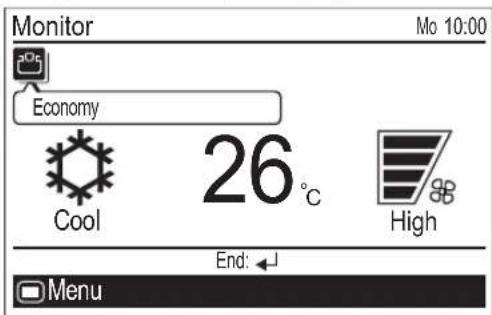 Monitor Mo 10:00 Economy 26 °C Cool High End: Menu