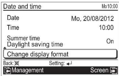 Date and time Mo 10:00 Date Mo, 20/08/2012 Time 10:00 Summer time On Daylight saving time Change display format Back: Setting: Management Screen