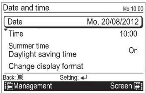 Date and time Mo 10:00 Date Mo, 20/08/2012 Time 10:00 Summer time On Daylight saving time Change display format Back: Setting: ← Management Screen