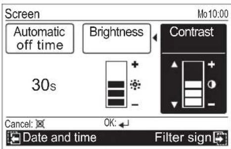 Screen Automatic off time Brightness 30s Contrast Cancel: OK: Date and time Filter sign