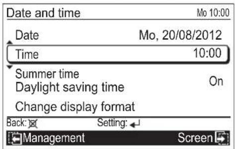 Date and time Mo 10:00 Date Mo, 20/08/2012 Time 10:00 Summer time On Daylight saving time Change display format Back: Setting: Management Screen