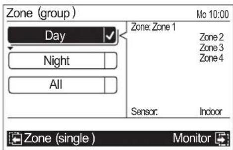 Zone (group) Day Night All Zone: Zone 1 Zone 2 Zone 3 Zone 4 Sensor: Indoor Zone (single) Monitor