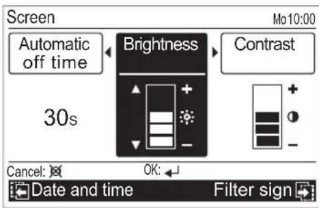 Screen Automatic off time 30s Brightness Contrast Cancel: OK: Date and time Filter sign