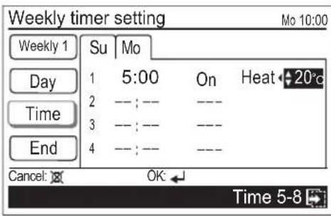 Weekly timer setting Mo 10:00 Weekly 1 Su Mo Day 1 5:00 On Heat 20°C 2 --- : --- --- 3 --- : --- --- 4 --- : --- --- Cancel: OK Time 5-8