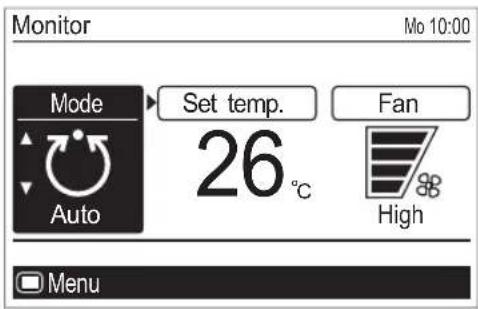 Monitor Mo 10:00 Mode Set temp. 26 °C Fan Auto High Menu