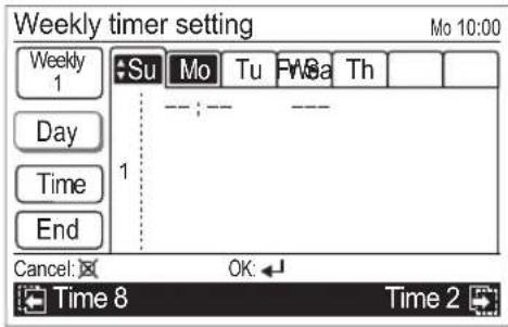 Weekly timer setting Mo 10:00 Weekly 1 Su Mo Tu FWGa Th Day Time End 1 Cancel: OK Time 8 Time 2