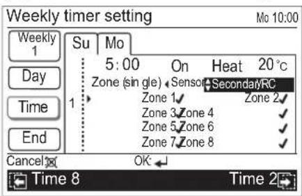 Weekly timer setting Mo 10:00 Su Mo 5:00 On Heat 20°C Zone (single) Sensor SecondaryRC Zone 1 Zone 2 Zone 3 Zone 4 Zone 5 Zone 6 Zone 7 Zone 8 Cancel OK Time 8 Time 2