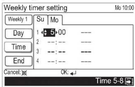 Weekly timer setting Mo 10:00 Weekly 1 Su Mo Day 1 5→00 --- Time 2 ---:--- End 3 ---:--- 4 4 ---:--- Cancel: OK: Time 5-8