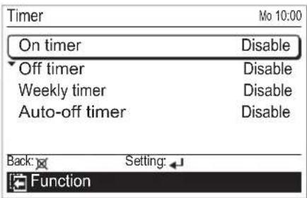 Timer On timer Disable Off timer Disable Weekly timer Disable Auto-off timer Disable Back: Setting: Function