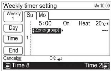 Weekly timer setting Mo 10:00 Su Mo 5:00 On Heat 20°C Zone(group) Time 1 Cancel OK Time 8 Time 2