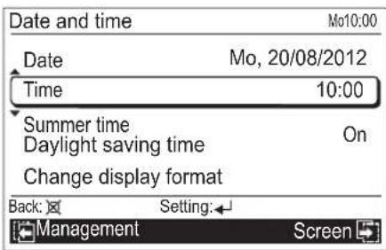 Date and time Mo10:00 Date Mo, 20/08/2012 Time 10:00 Summer time On Daylight saving time Change display format Back: Setting: Management Screen
