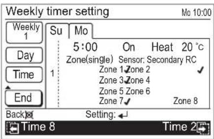 Weekly timer setting Mo 10:00 Weekly 1 Su Mo 5:00 On Heat 20 °C Zone(single) Sensor: Secondary RC Zone 1 Zone 2 ✓ Zone 3 Zone 4 Zone 5 Zone 6 Zone 7 ✓ Zone 8 Back Setting: Time 8 Time 2