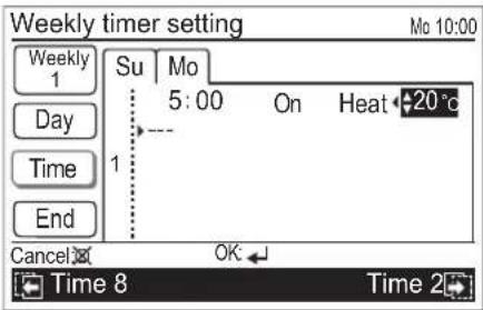 Weekly timer setting Mo 10:00 Weekly 1 Su Mo 5:00 On Heat 20°C Day Time 1 End Cancel OK Time 8 Time 2