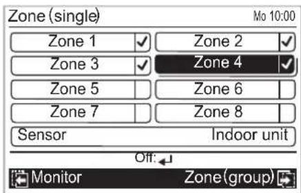 Zone (single) Mo 10:00 Zone 1 ✓ Zone 2 ✓ Zone 3 ✓ Zone 4 ✓ Zone 5 | Zone 6 | Zone 7 | Zone 8 | Sensor Indoor unit Off: Monitor Zone(group)