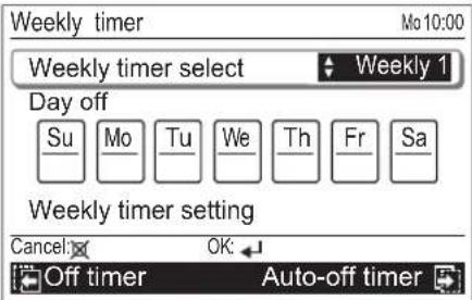 Weekly timer Mo 10:00 Weekly timer select Weekly 1 Day off Su Mo Tu We Th Fr Sa Weekly timer setting Cancel OK Off timer Auto-off timer