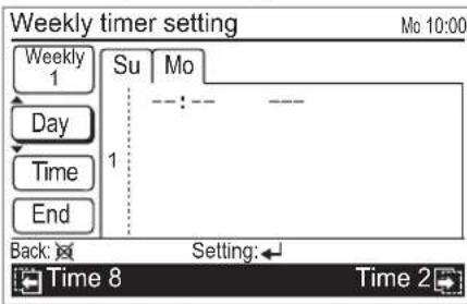 Weekly timer setting Mo 10:00 Weekly 1 Su Mo Day Time End 1 Back: Setting: Time 8 Time 2