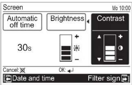 Screen Automatic off time Brightness 30s Contrast Cancel: OK: Date and time Filter sign