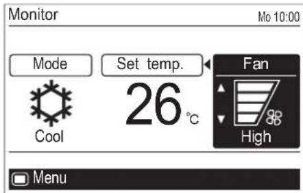 Monitor Mo 10:00 Mode Set temp. 26 °C Fan Cool High Menu