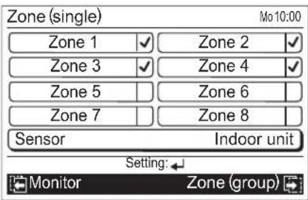 Zone (single) Mo 10:00 Zone 1 ✓ Zone 2 ✓ Zone 3 ✓ Zone 4 ✓ Zone 5 | Zone 6 | Zone 7 | Zone 8 | Sensor Indoor unit Setting: Monitor Zone (group)