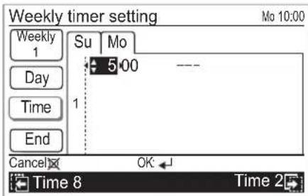 Weekly timer setting Mo 10:00 Weekly 1 Su Mo Day 5:00 --- Time 1 End Cancel OK Time 8 Time 2